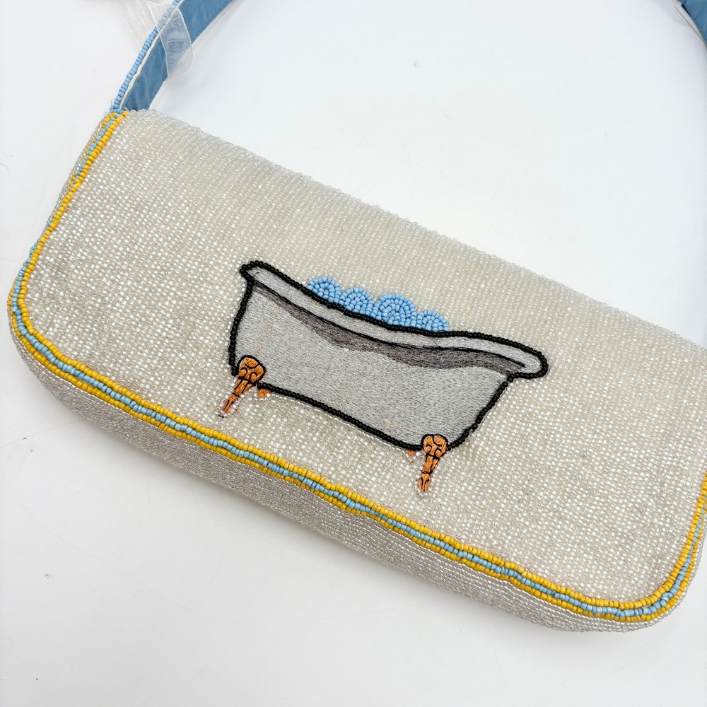 Whimsical Beaded Rubber Duck Bath Baguette Shoulder Bag Blue Yellow - Picture 3 of 8
